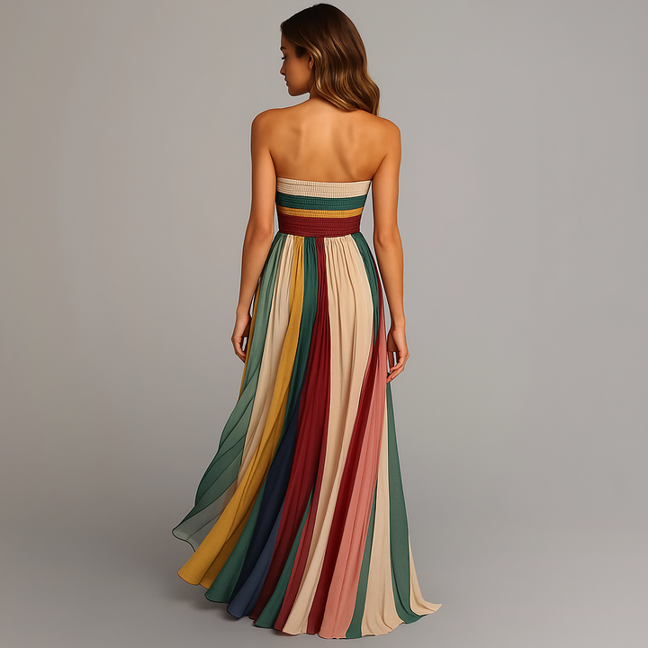 Judith | Women's Strapless Colorful Pleated Summer Maxi Dress Strapless