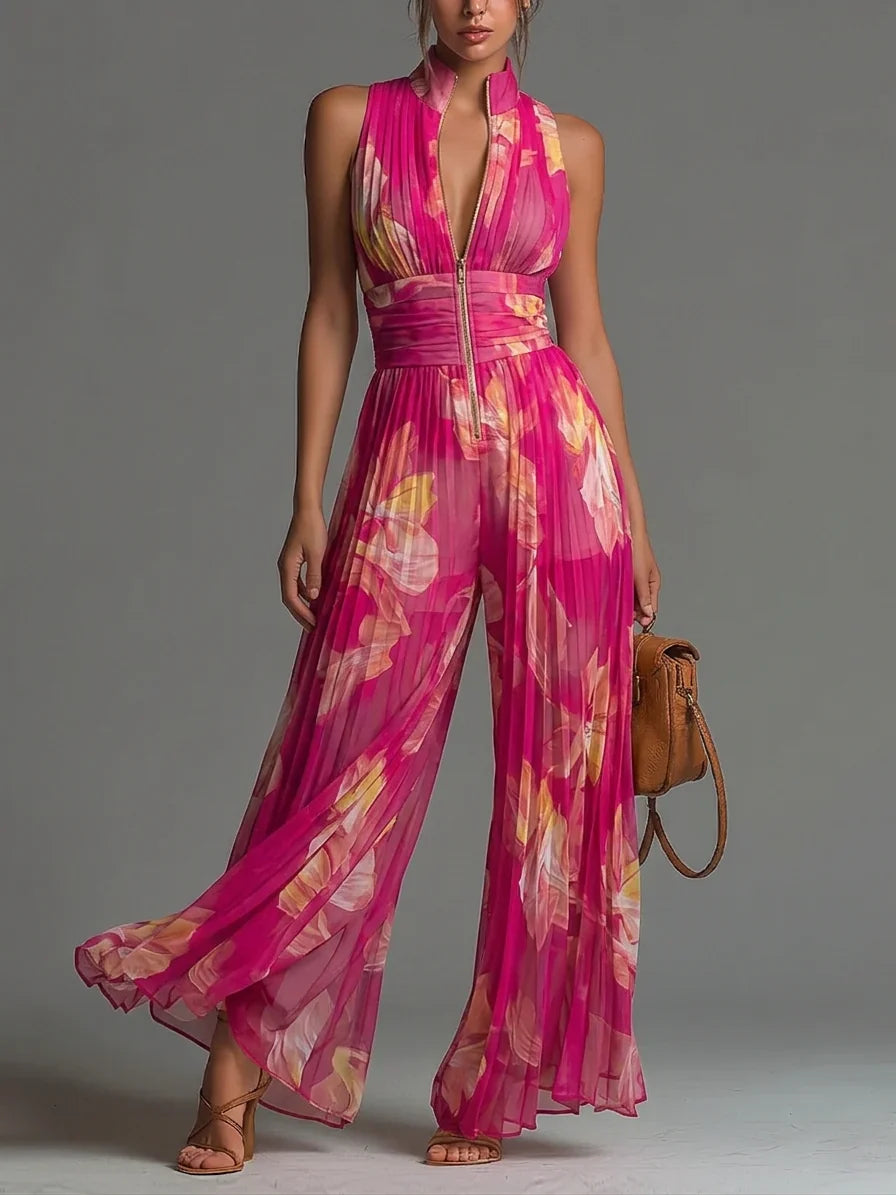 Zakira | Pleated Halter Neck Wide-Leg Jumpsuit