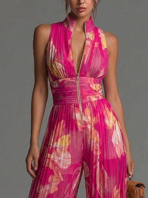 Zakira | Pleated Halter Neck Wide-Leg Jumpsuit
