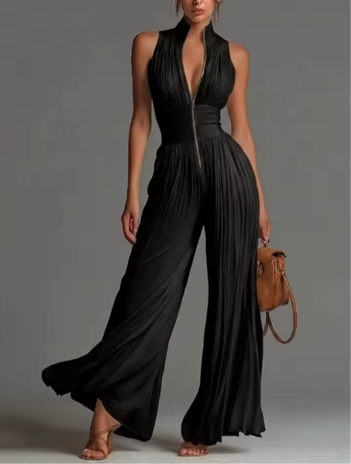 Zakira | Pleated Halter Neck Wide-Leg Jumpsuit